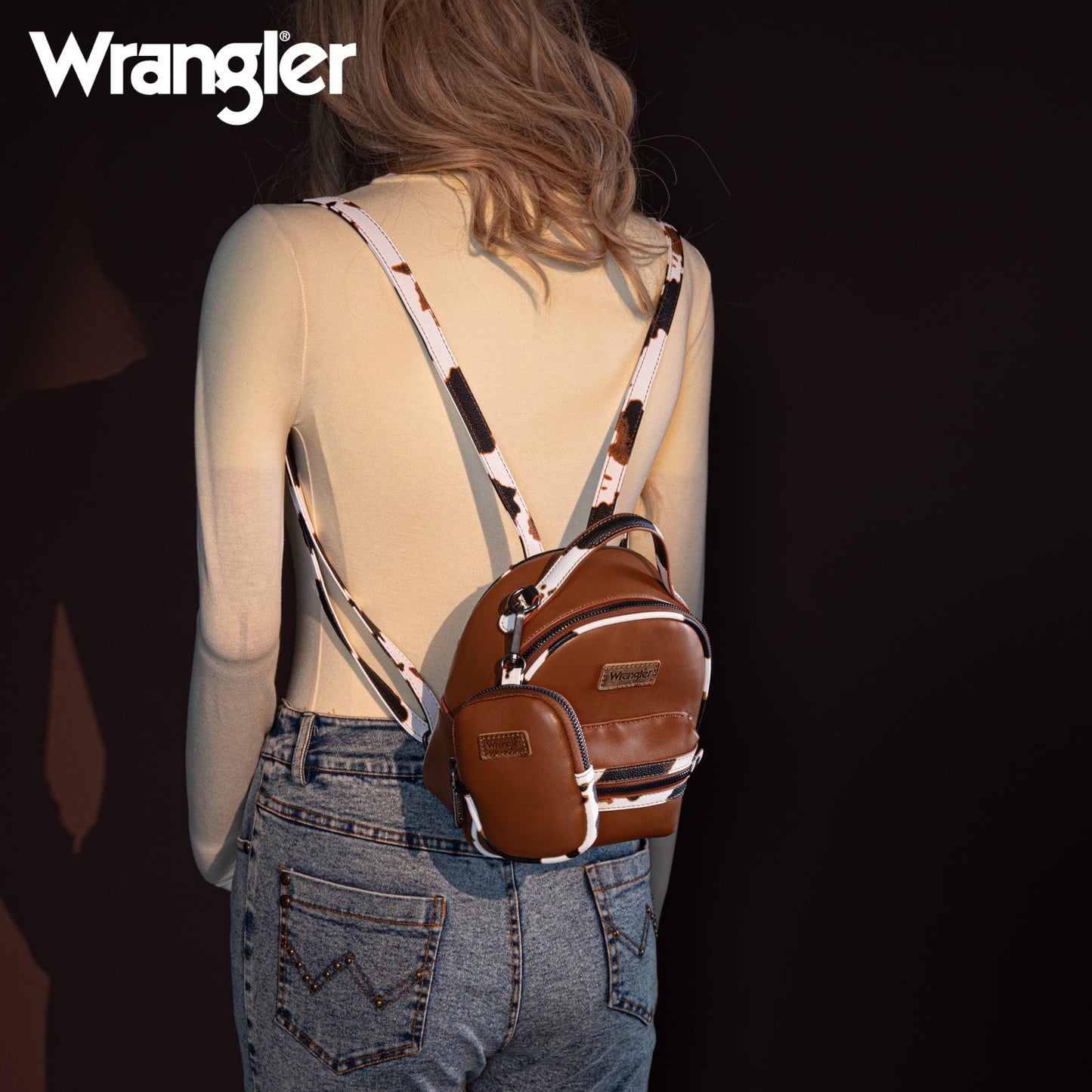 WG102-8600 Wrangler Cow Print Trimmed Mini Backpack With Coin Pouch - Brown