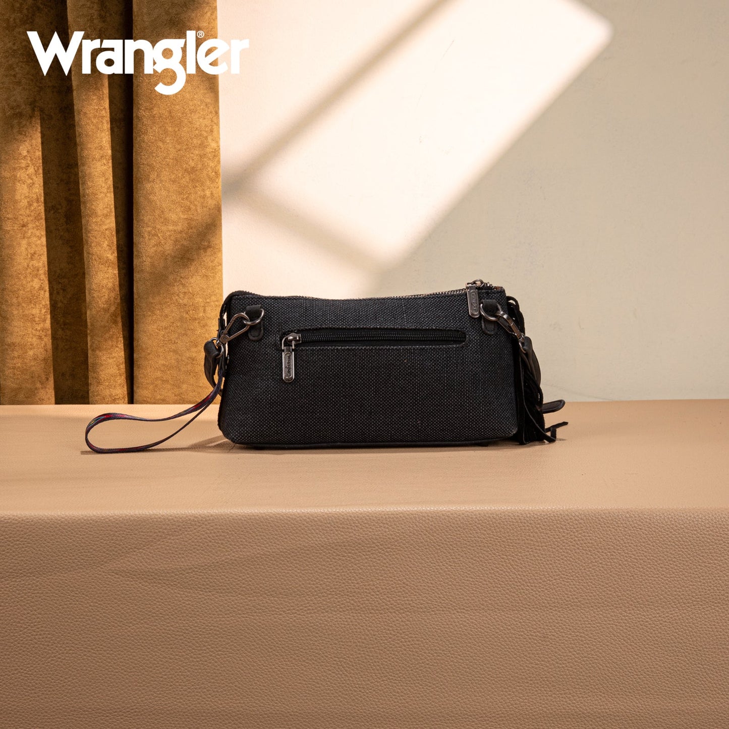 WG259-1834 Wrangler Embroidered Aztec Canvas Wristlet/Crossbody- Black