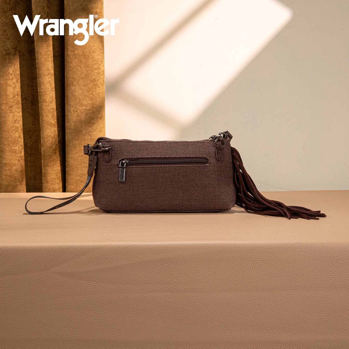 WG259-1834 Wrangler Embroidered Aztec Canvas Wristlet/Crossbody- Coffee