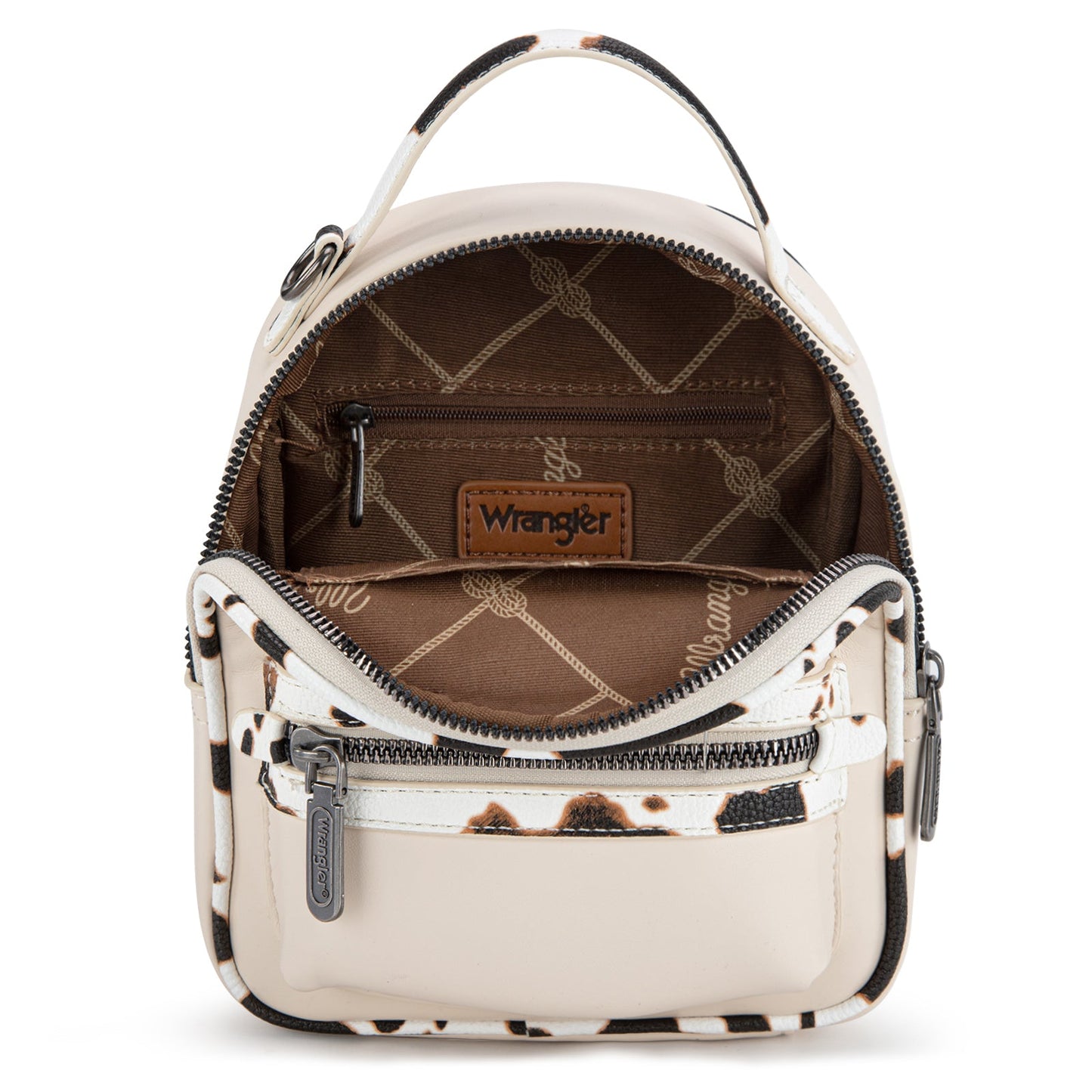 WG102-8600 Wrangler Cow Print Trimmed Mini Backpack With Coin Pouch - Tan