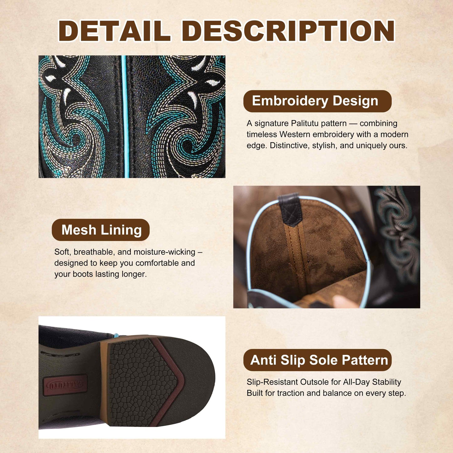 Palitutu PLT203604 Women's Western Cowgirl Boots - Full Grain Leather, Square Toe