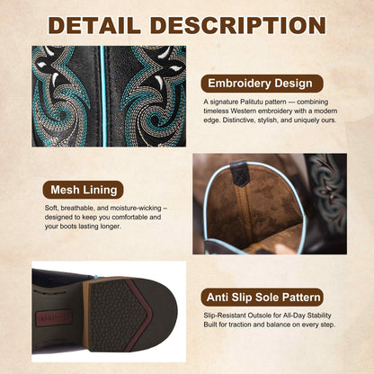 Palitutu PLT203604 Women's Western Cowgirl Boots - Full Grain Leather, Square Toe