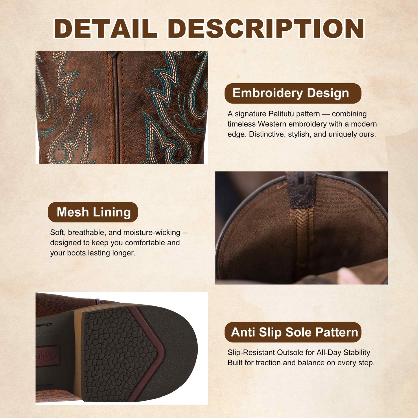 Palitutu PLT203603 Women's Western Cowgirl Boots - Full Grain Leather, Square Toe