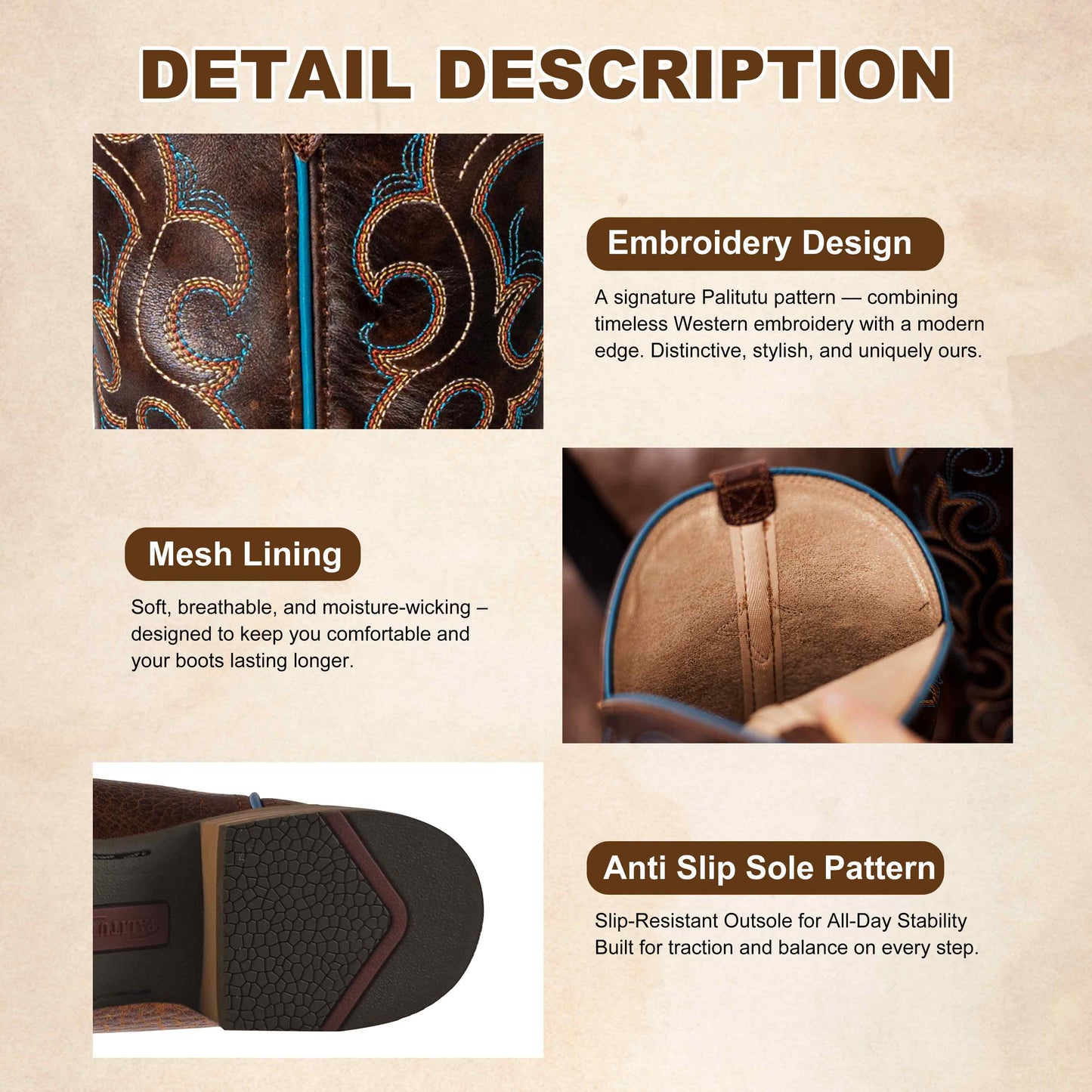 Palitutu PLT203601 Women's Western Cowgirl Boots - Full Grain Leather, Square Toe