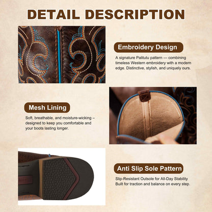 Palitutu PLT203601 Women's Western Cowgirl Boots - Full Grain Leather, Square Toe