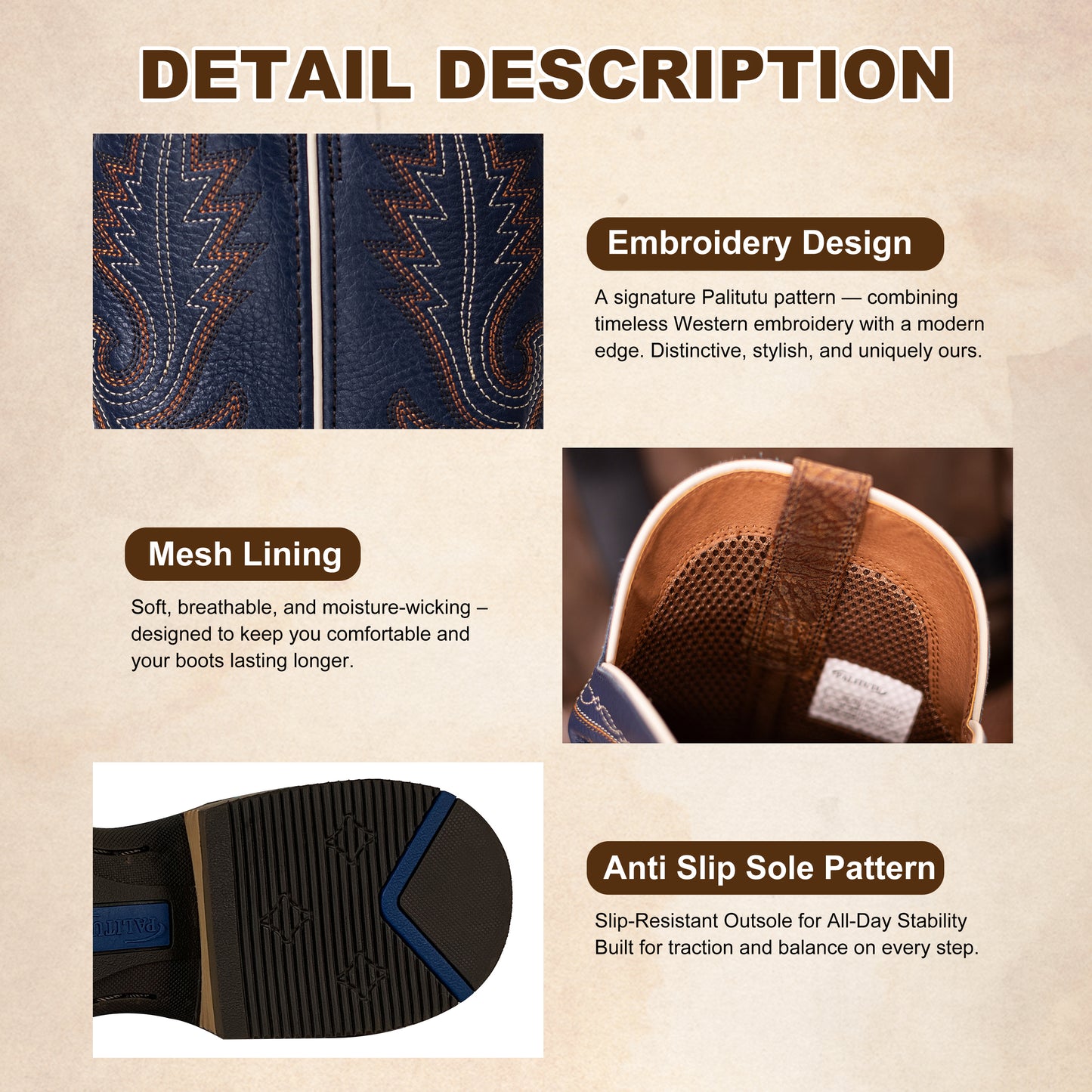 Palitutu PLT103616 Men's Western Cowboy Boots - Full Grain Leather, Square Toe