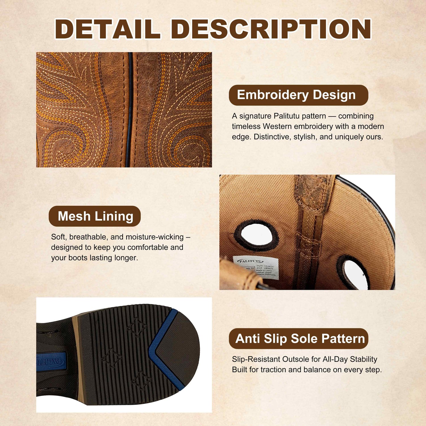 Palitutu PLT103614 Men's Western Cowboy Boots - Full Grain Leather, Square Toe