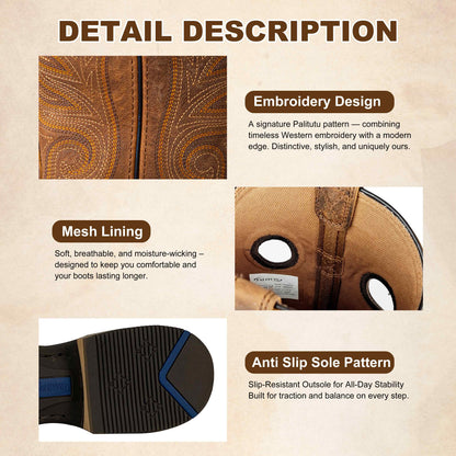 Palitutu PLT103614 Men's Western Cowboy Boots - Full Grain Leather, Square Toe