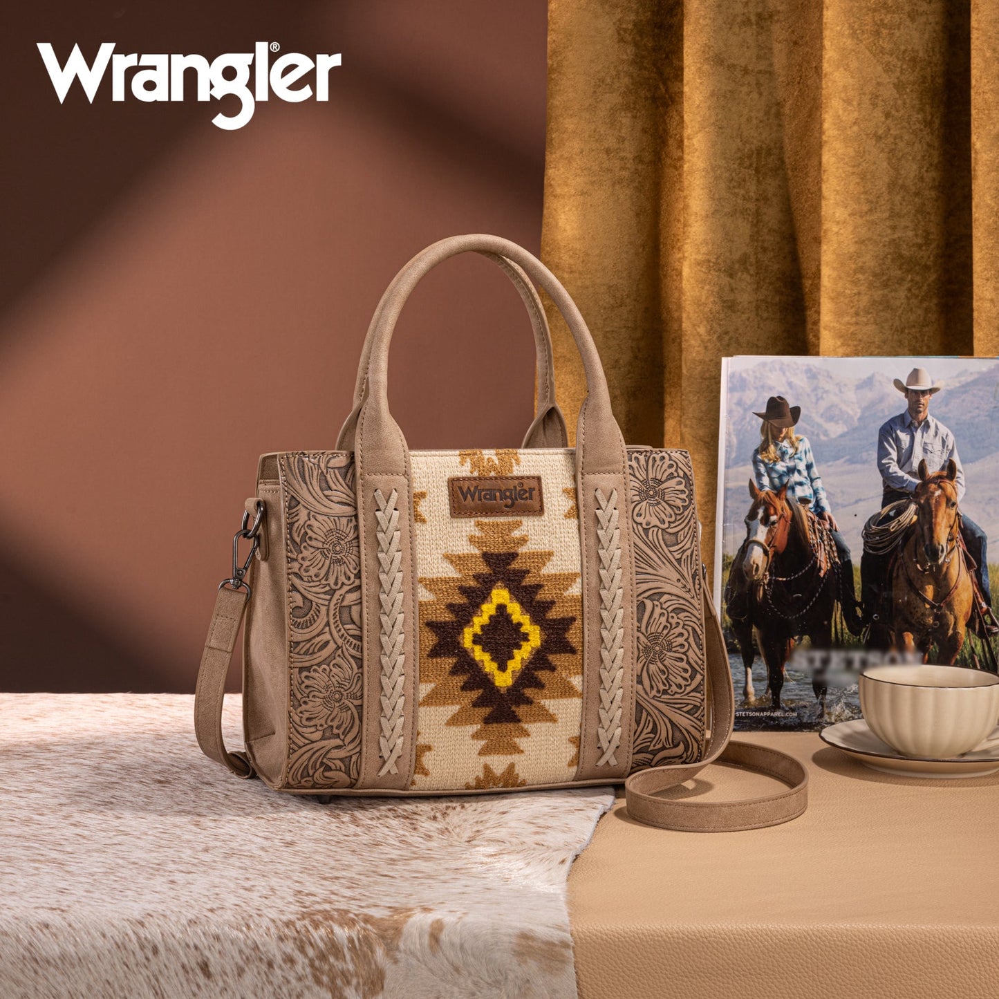 WG226-8120  Wrangler Tooled Aztec Pattern Print Concealed Carry Tote/Crossbody -Tan