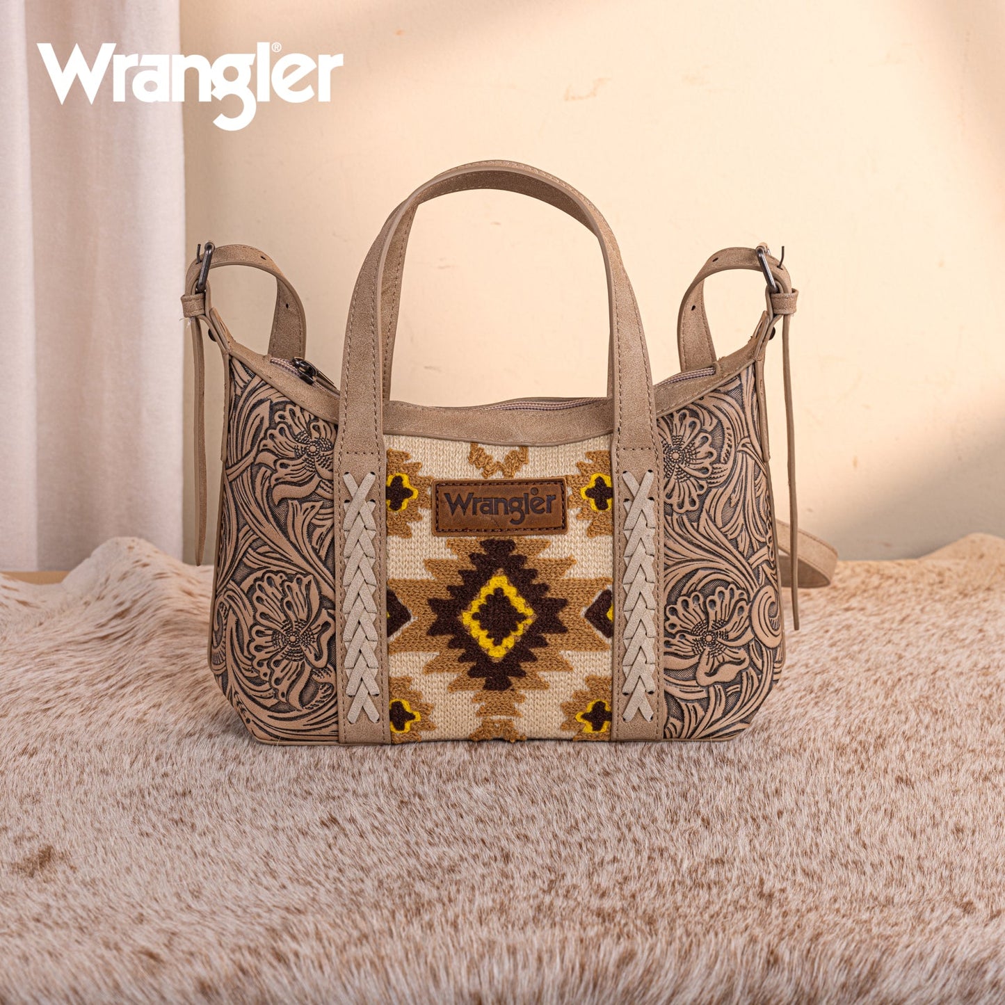 WG226-8605  Wrangler Tooled Aztec Pattern Print Tote/Crossbody -Tan