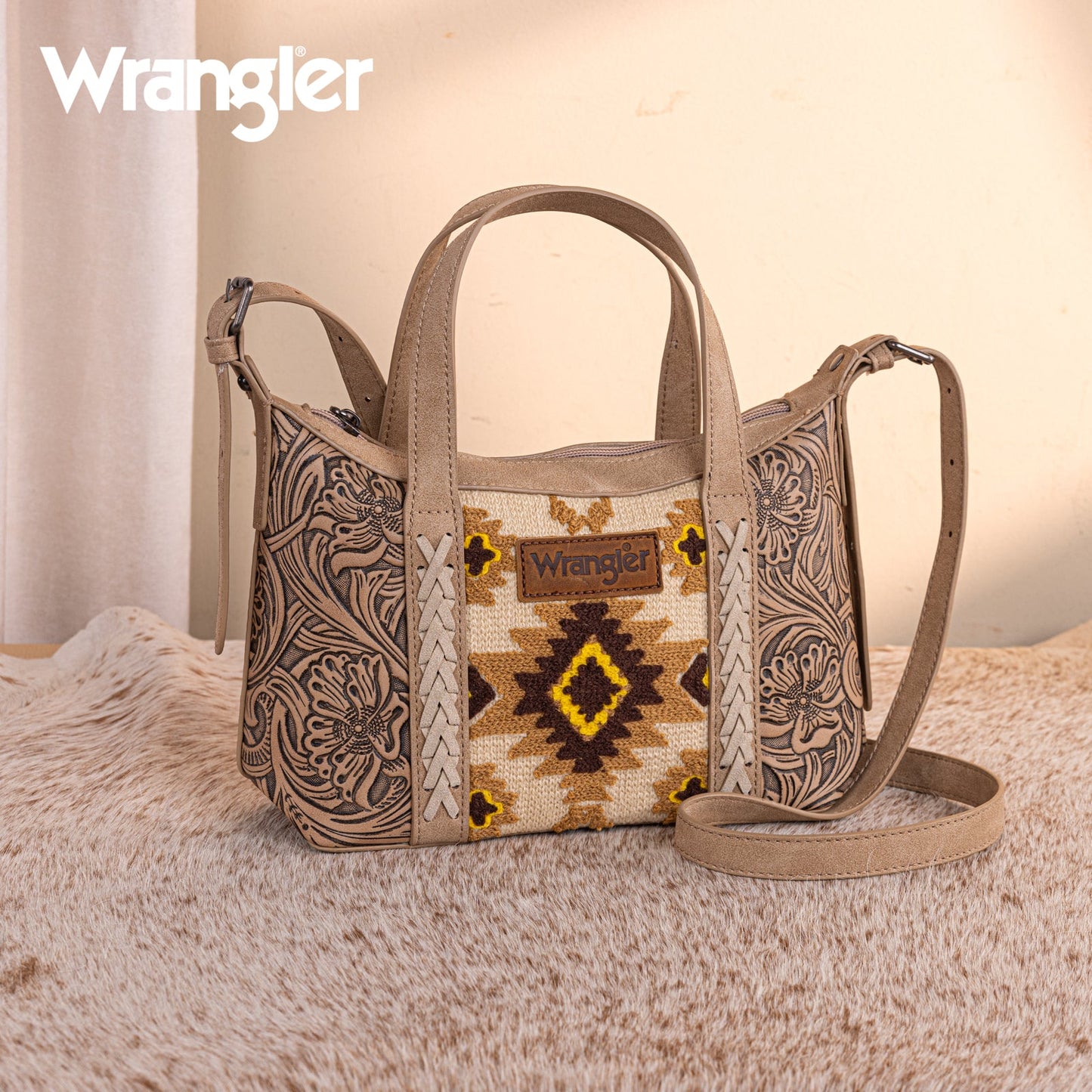 WG226-8605  Wrangler Tooled Aztec Pattern Print Tote/Crossbody -Tan