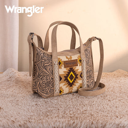 WG226-8605  Wrangler Tooled Aztec Pattern Print Tote/Crossbody -Tan