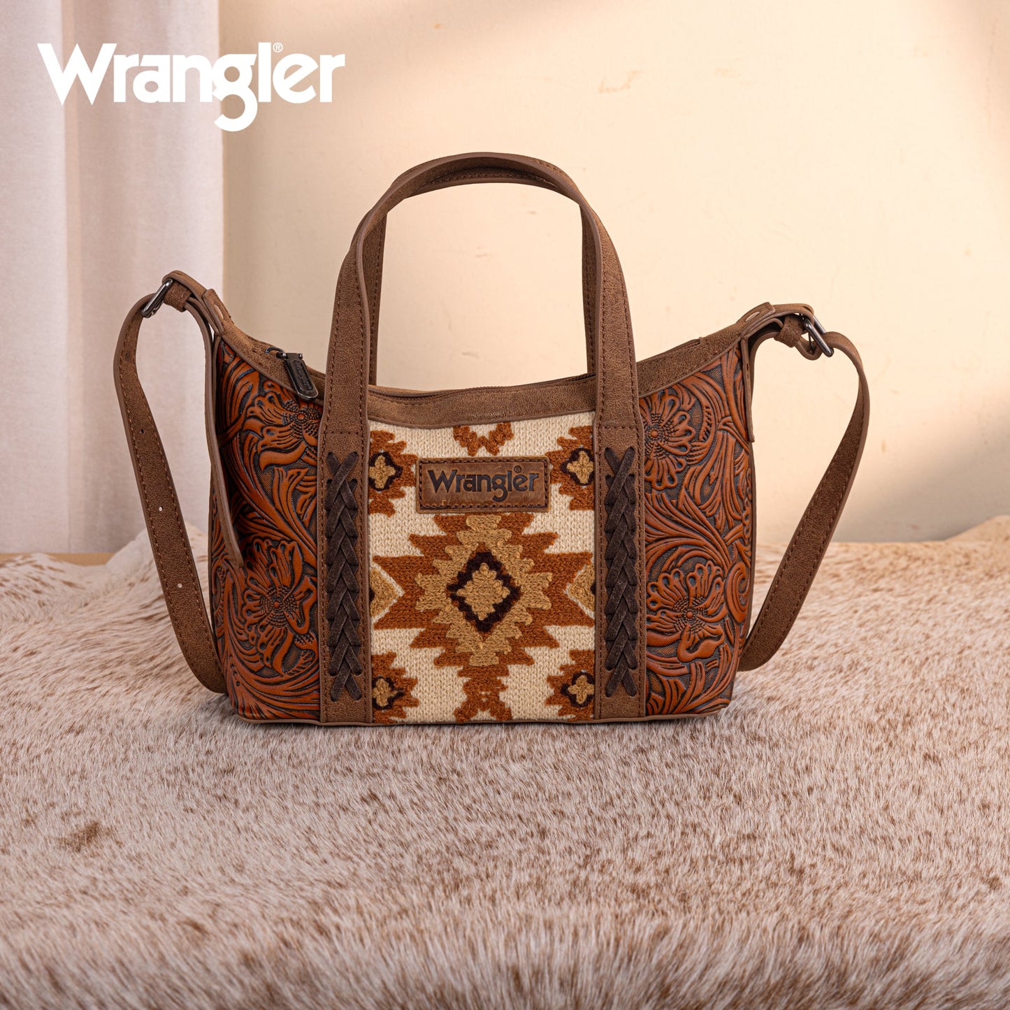 WG226-8605  Wrangler Tooled Aztec Pattern Print Tote/Crossbody -Brown