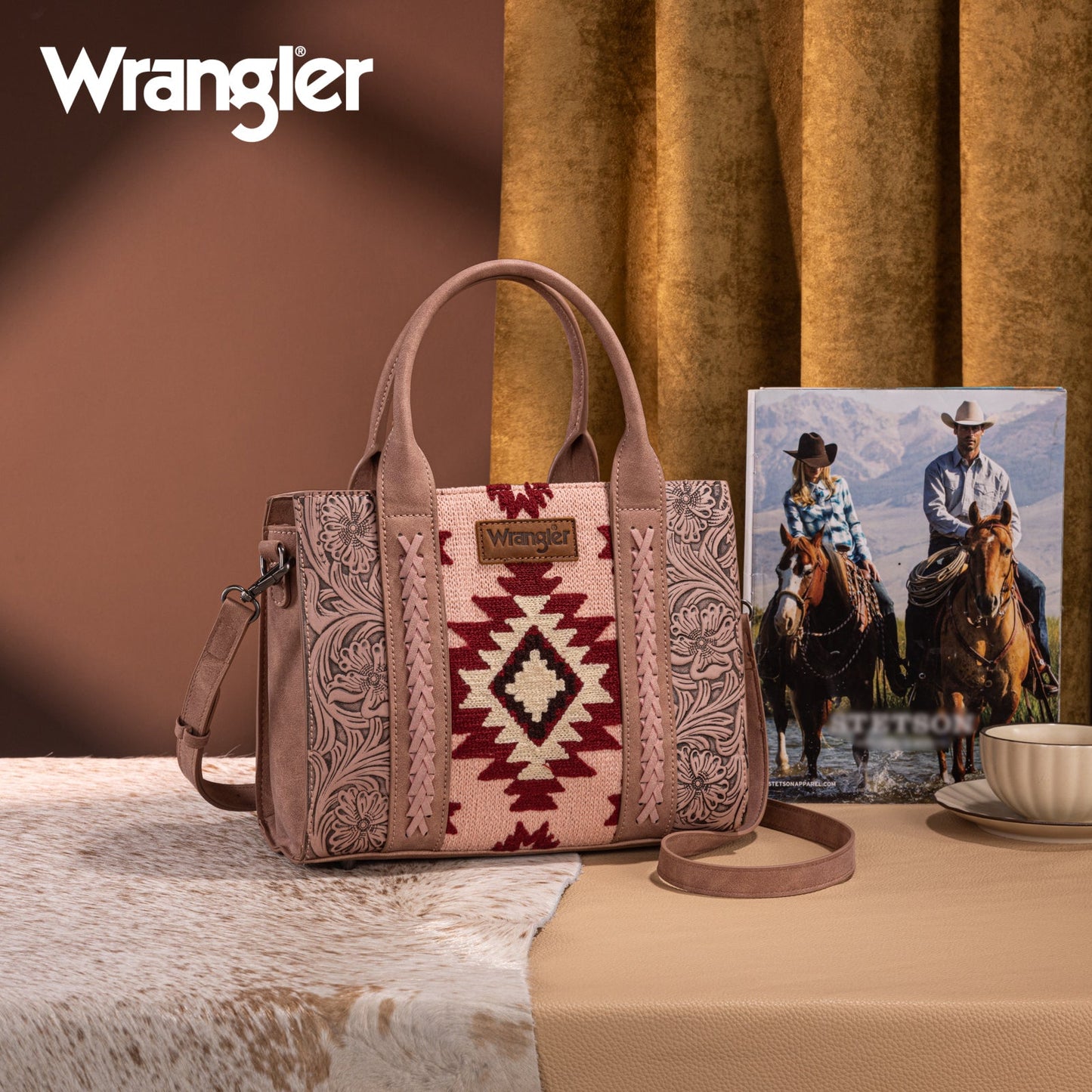 WG226-8120  Wrangler Tooled Aztec Pattern Print Concealed Carry Tote/Crossbody -Dark Pink