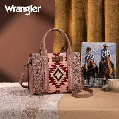 WG226-8120  Wrangler Tooled Aztec Pattern Print Concealed Carry Tote/Crossbody -Dark Pink