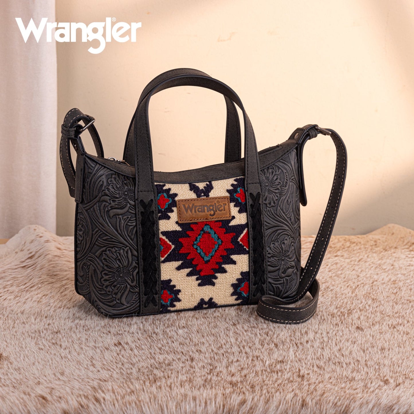 WG226-8605  Wrangler Tooled Aztec Pattern Print Tote/Crossbody -Black