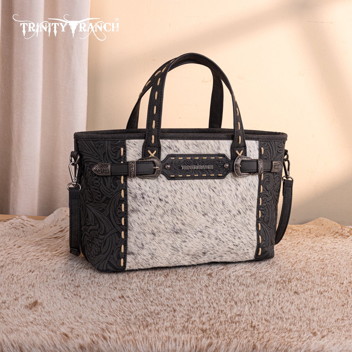 TR199-8122  Trinity Ranch Genuine Hair-On Cowhide Tooled Tote/Crossbody