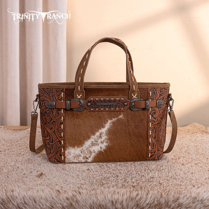 TR199-8122  Trinity Ranch Genuine Hair-On Cowhide Tooled Tote/Crossbody