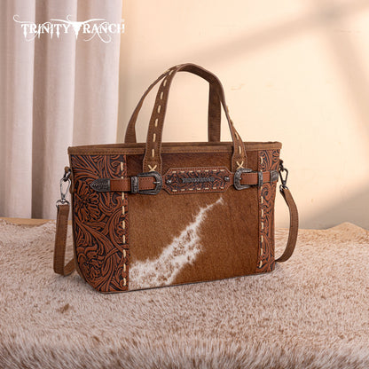 TR199-8122  Trinity Ranch Genuine Hair-On Cowhide Tooled Tote/Crossbody