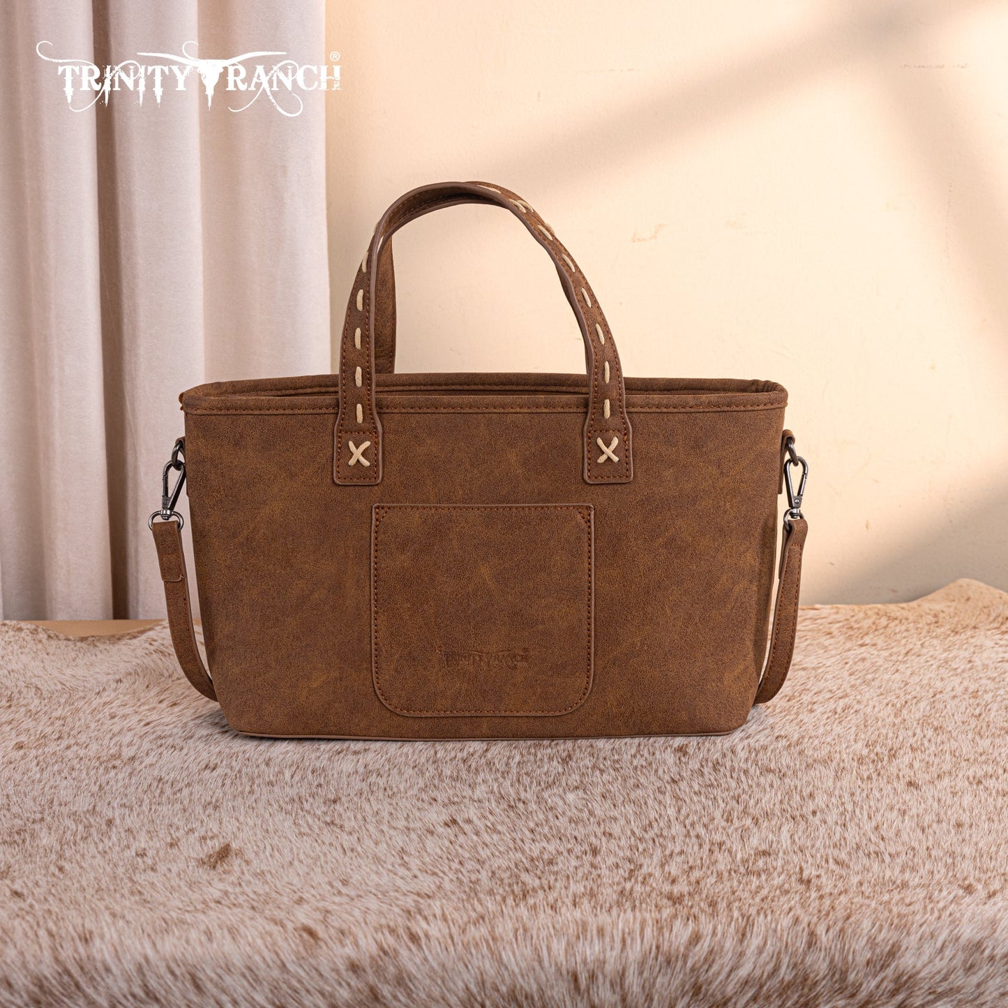 TR199-8122  Trinity Ranch Genuine Hair-On Cowhide Tooled Tote/Crossbody