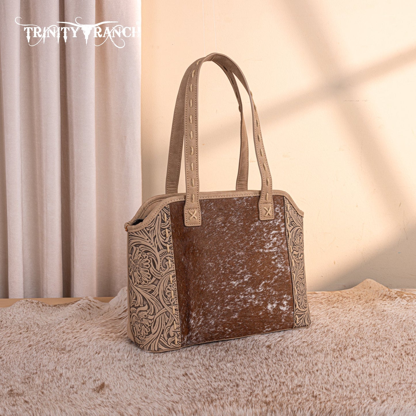 TR199G-8260  Trinity Ranch Genuine Hair-On Cowhide Tooled Concealed Carry Tote