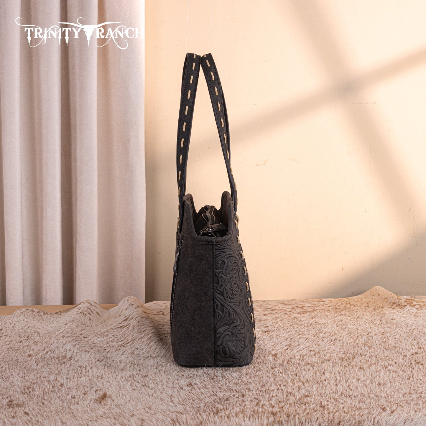 TR199G-8260  Trinity Ranch Genuine Hair-On Cowhide Tooled Concealed Carry Tote