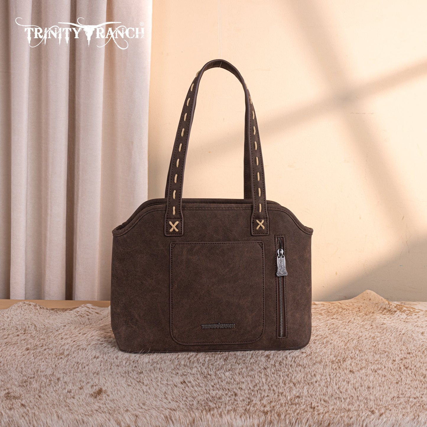 TR199G-8260  Trinity Ranch Genuine Hair-On Cowhide Tooled Concealed Carry Tote