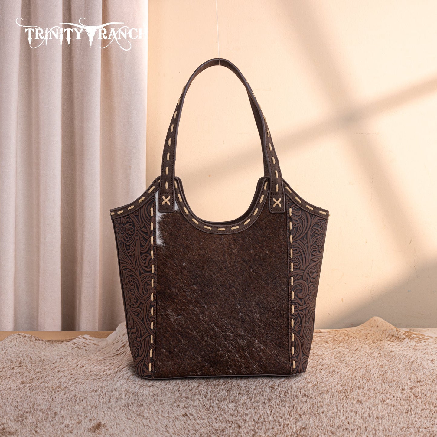 TR199G-8250  Trinity Ranch Genuine Hair-On Cowhide Tooled Concealed Carry Tote