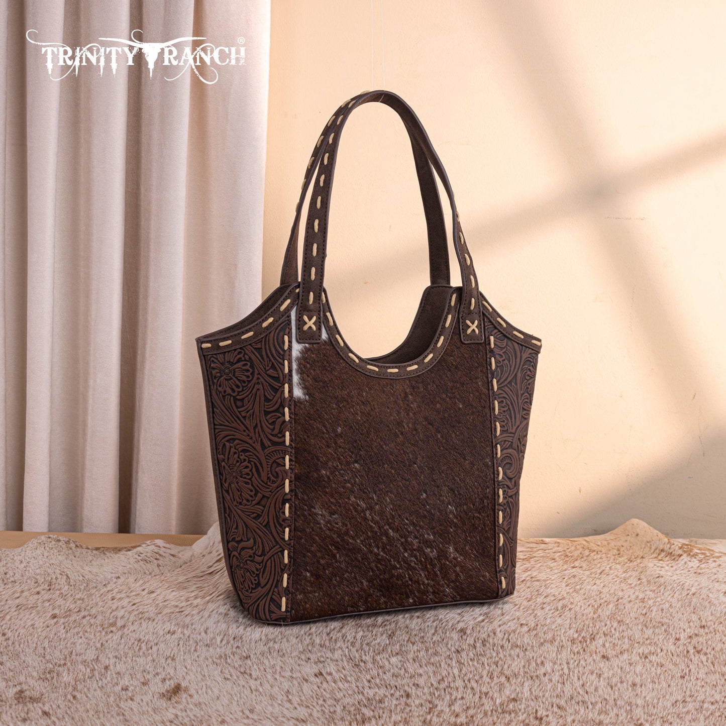 TR199G-8250  Trinity Ranch Genuine Hair-On Cowhide Tooled Concealed Carry Tote