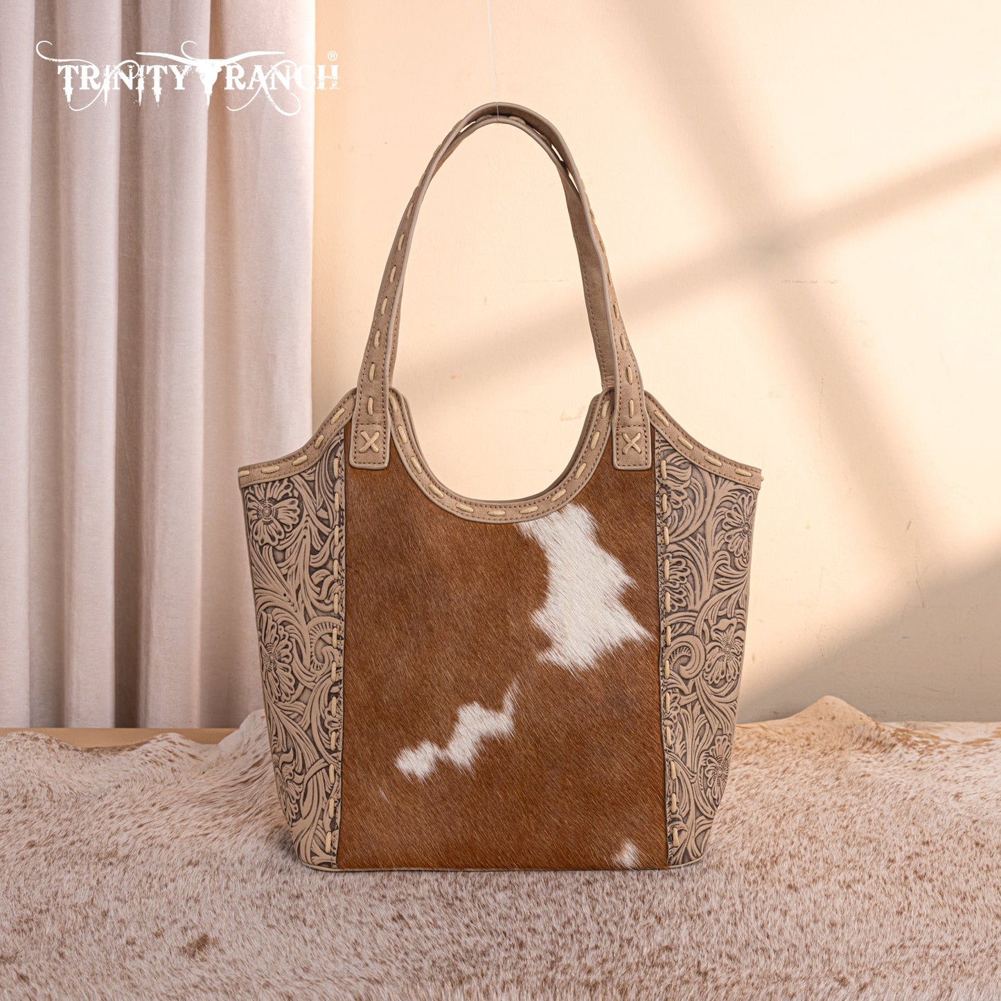 TR199G-8250  Trinity Ranch Genuine Hair-On Cowhide Tooled Concealed Carry Tote