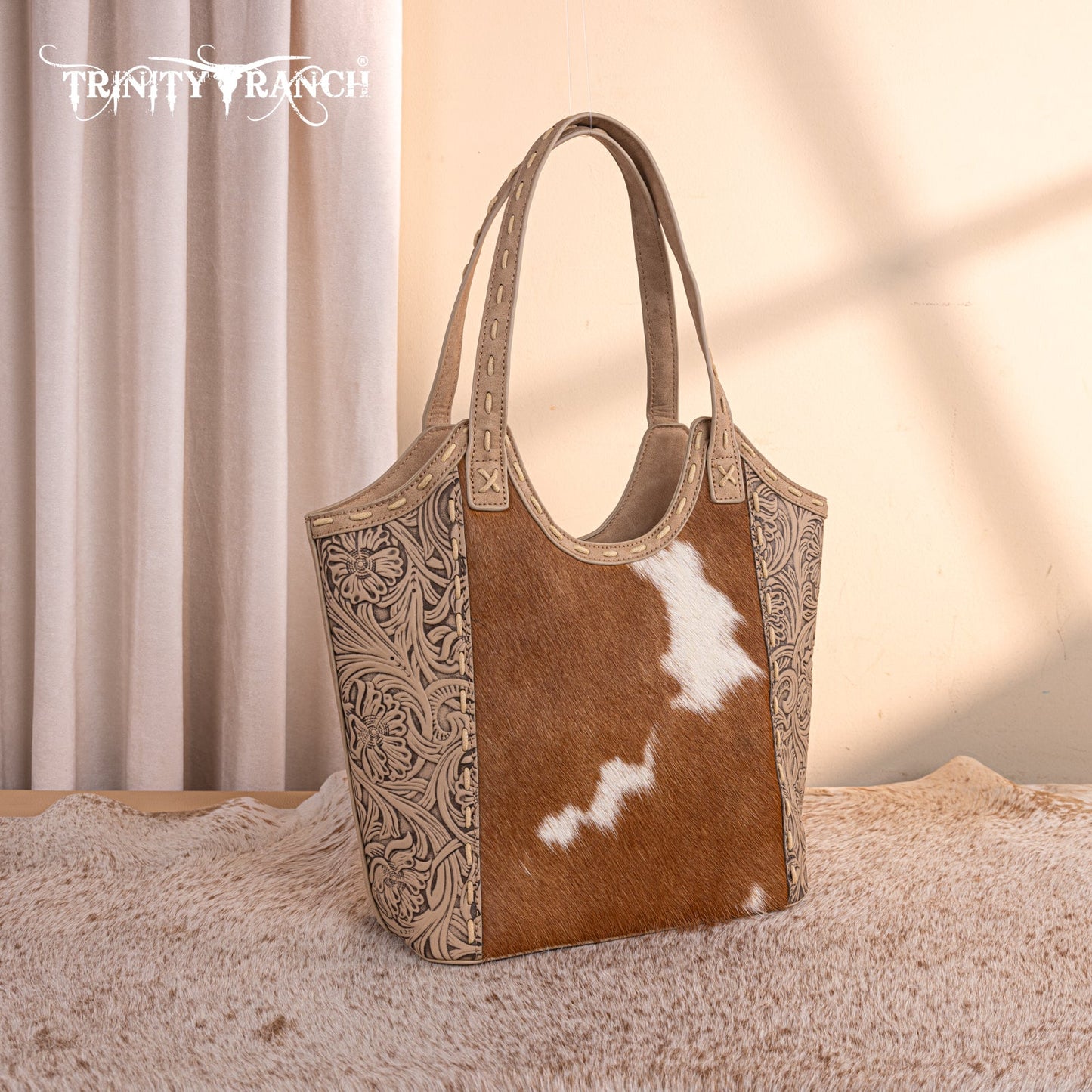 TR199G-8250  Trinity Ranch Genuine Hair-On Cowhide Tooled Concealed Carry Tote