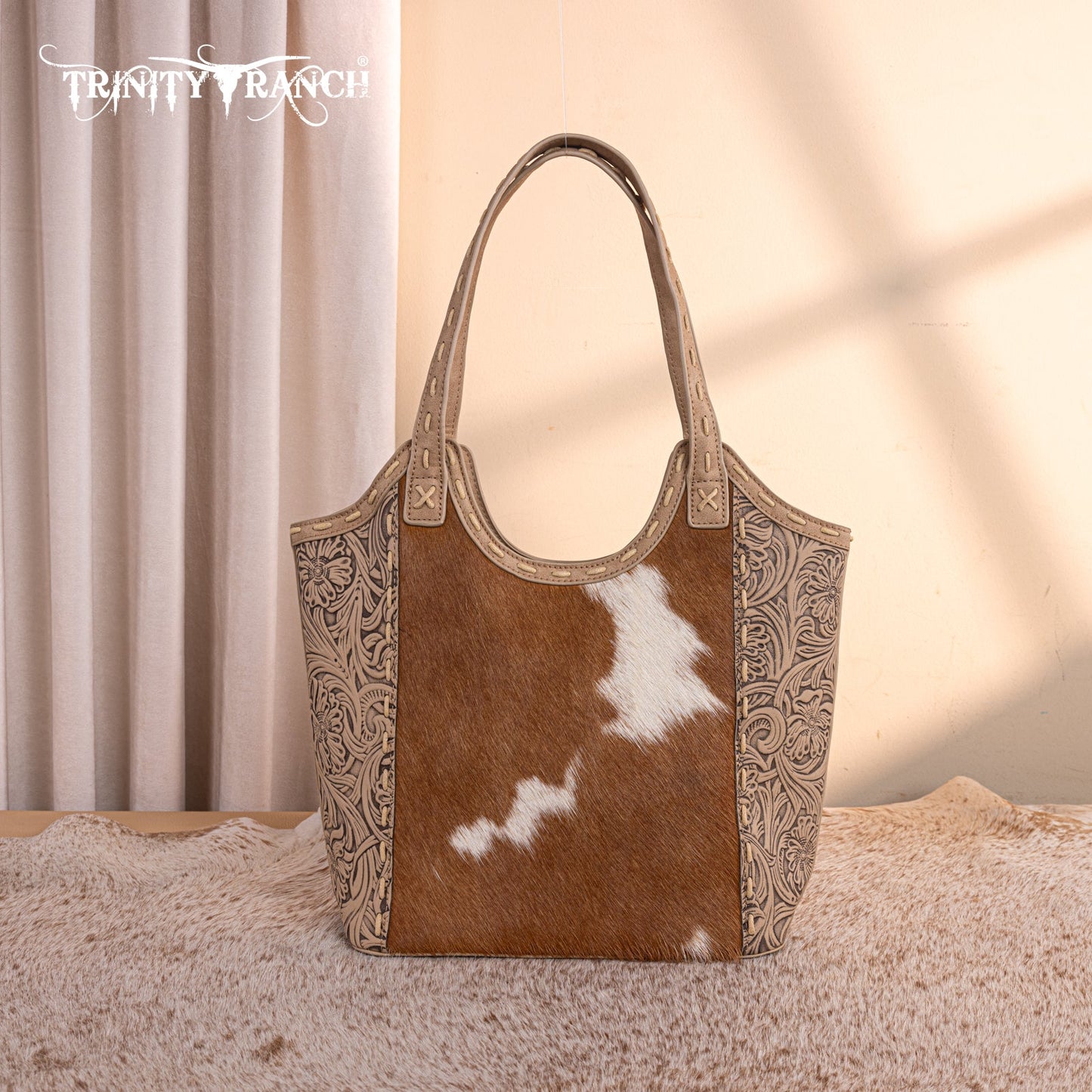 TR199G-8250  Trinity Ranch Genuine Hair-On Cowhide Tooled Concealed Carry Tote