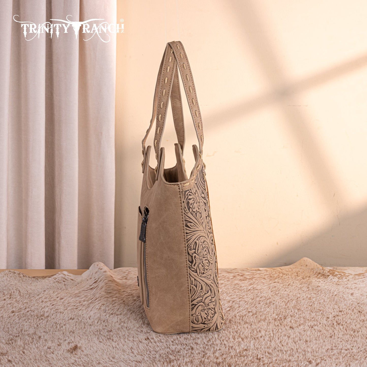 TR199G-8250  Trinity Ranch Genuine Hair-On Cowhide Tooled Concealed Carry Tote