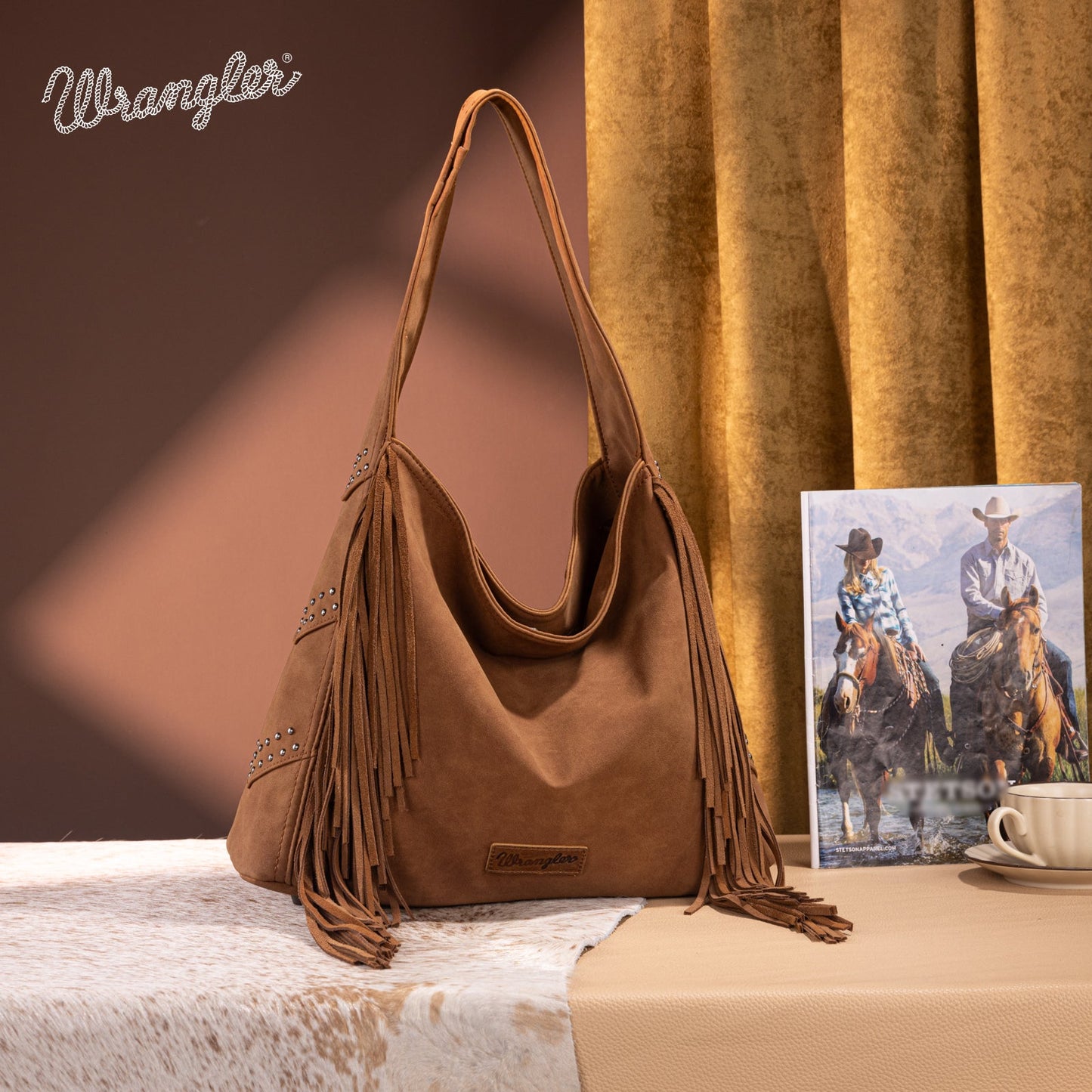 WG244-9182  Wrangler Fringe Studded Hobo Bag- Brown