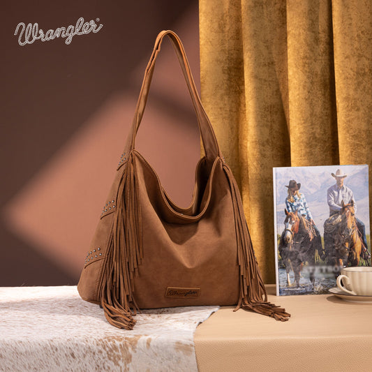WG244-9182  Wrangler Fringe Studded Hobo Bag- Brown