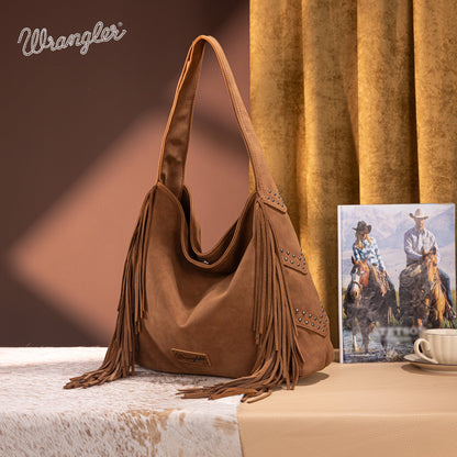 WG244-9182  Wrangler Fringe Studded Hobo Bag- Brown