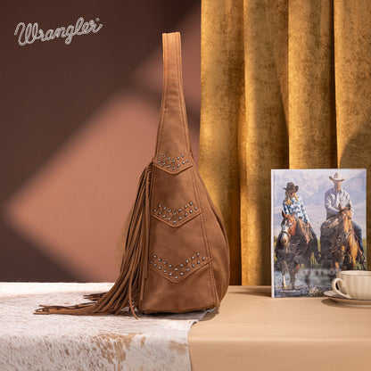 WG244-9182  Wrangler Fringe Studded Hobo Bag- Brown