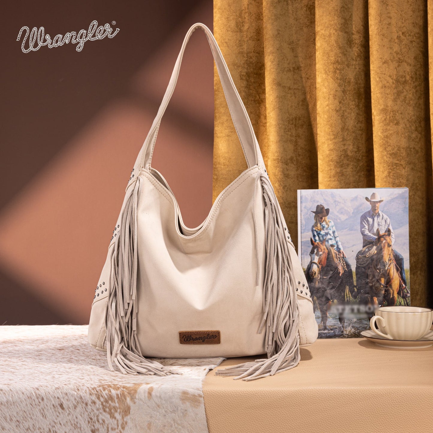 WG244-9182  Wrangler Fringe Studded Hobo Bag- Beige
