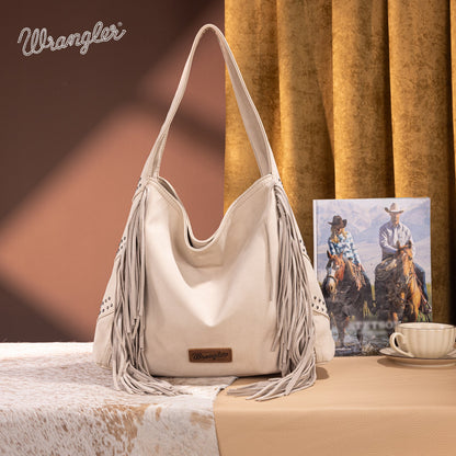 WG244-9182  Wrangler Fringe Studded Hobo Bag- Beige