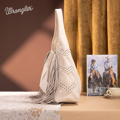 WG244-9182  Wrangler Fringe Studded Hobo Bag- Beige