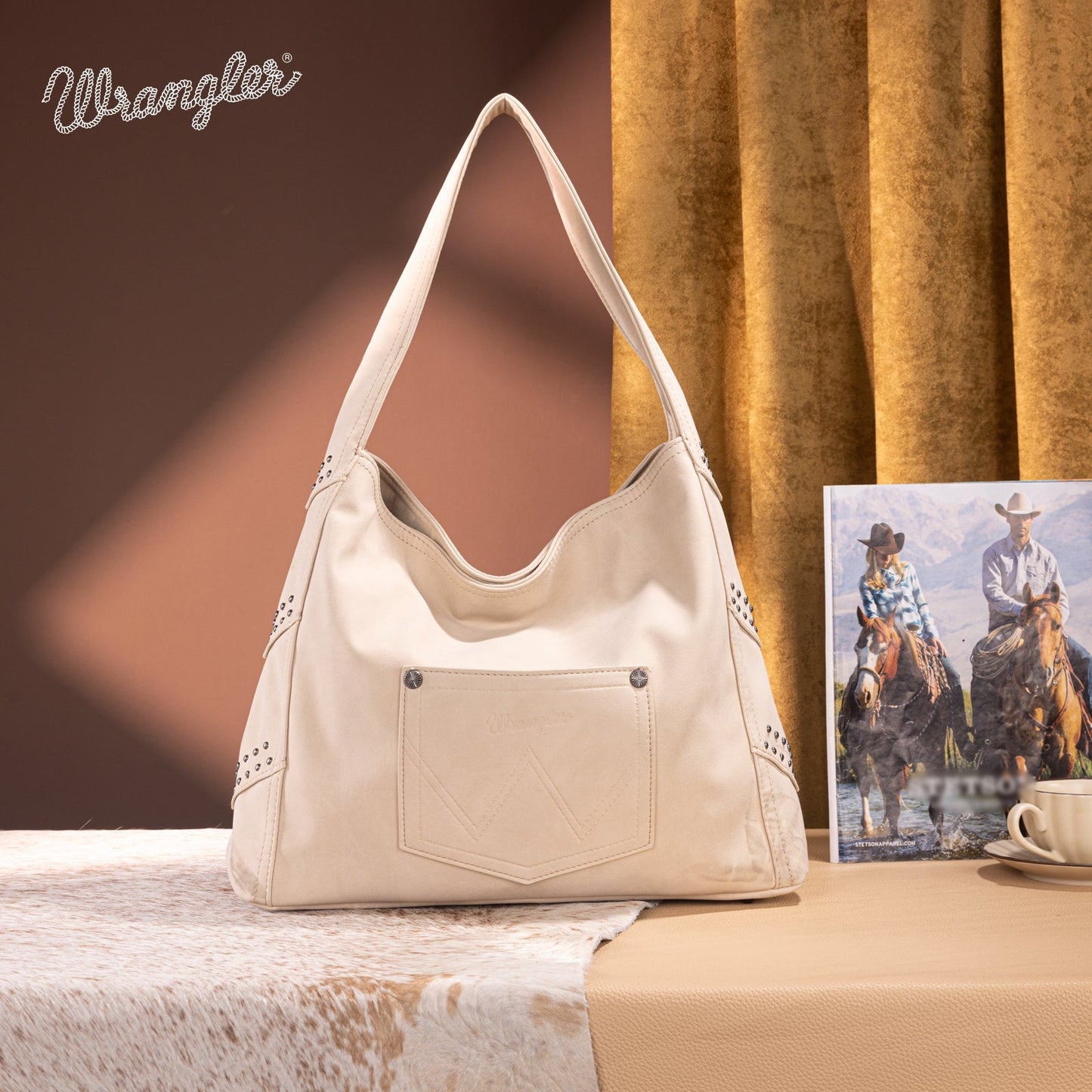WG244-9182  Wrangler Fringe Studded Hobo Bag- Beige
