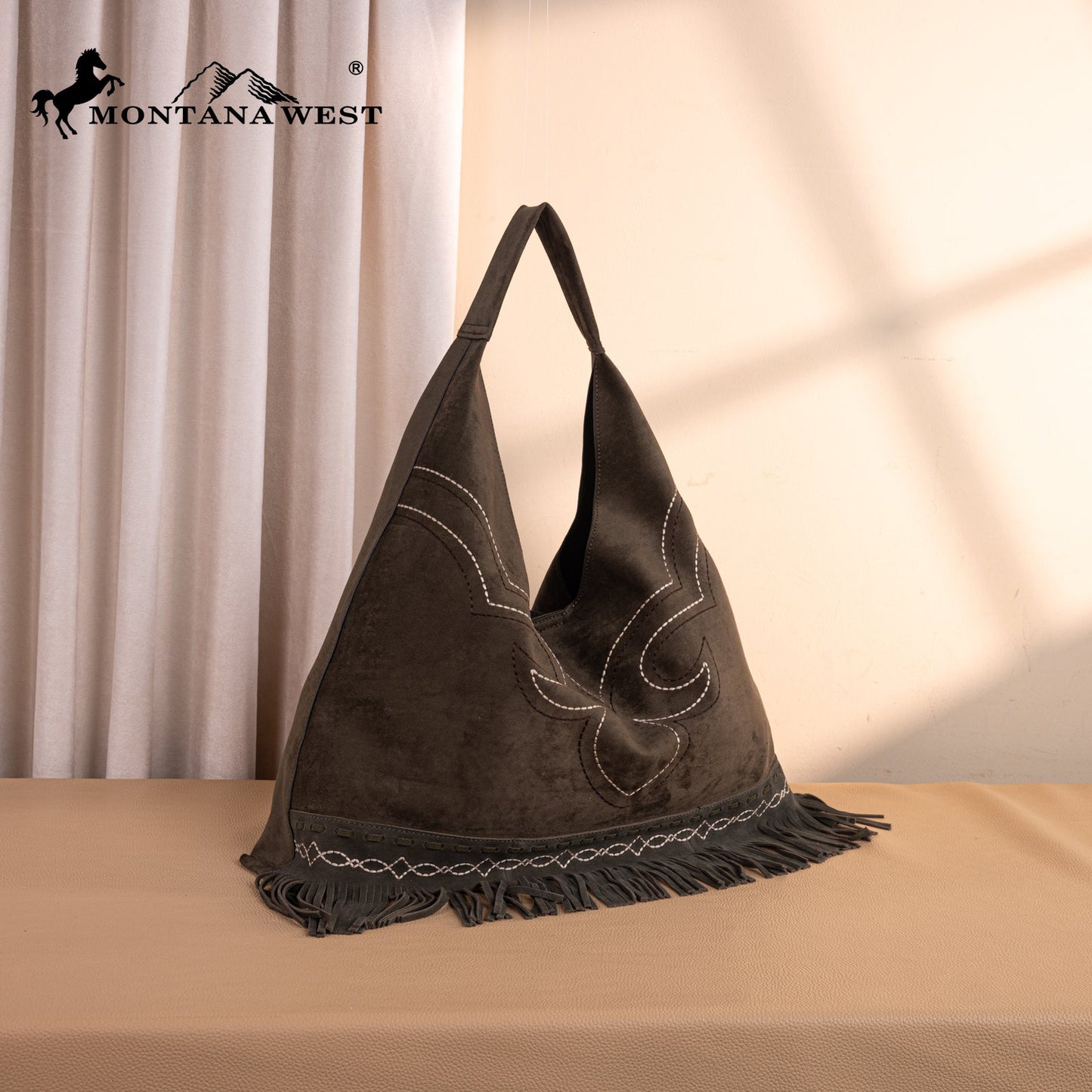 MW1341-9182   Montana West Boot Stitch Fringe Large Hobo Bag