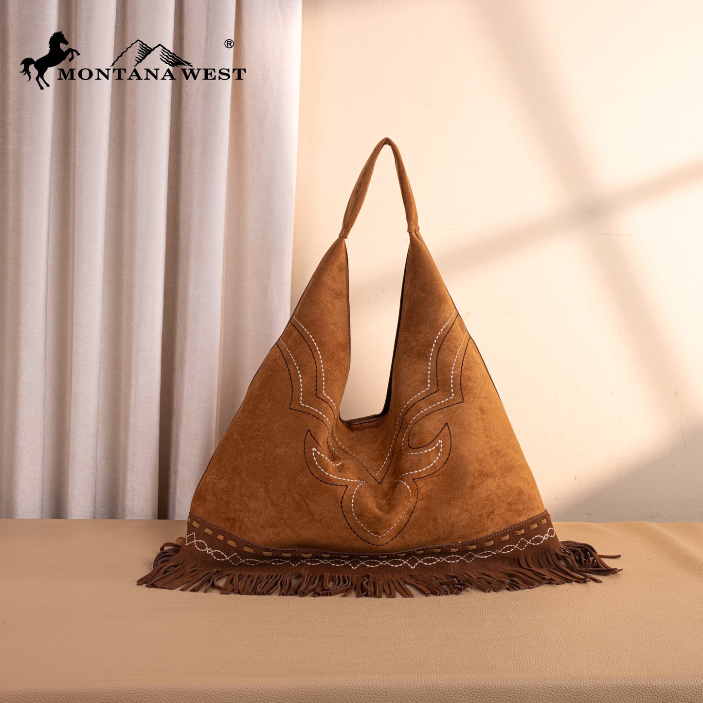 MW1341-9182   Montana West Boot Stitch Fringe Large Hobo Bag