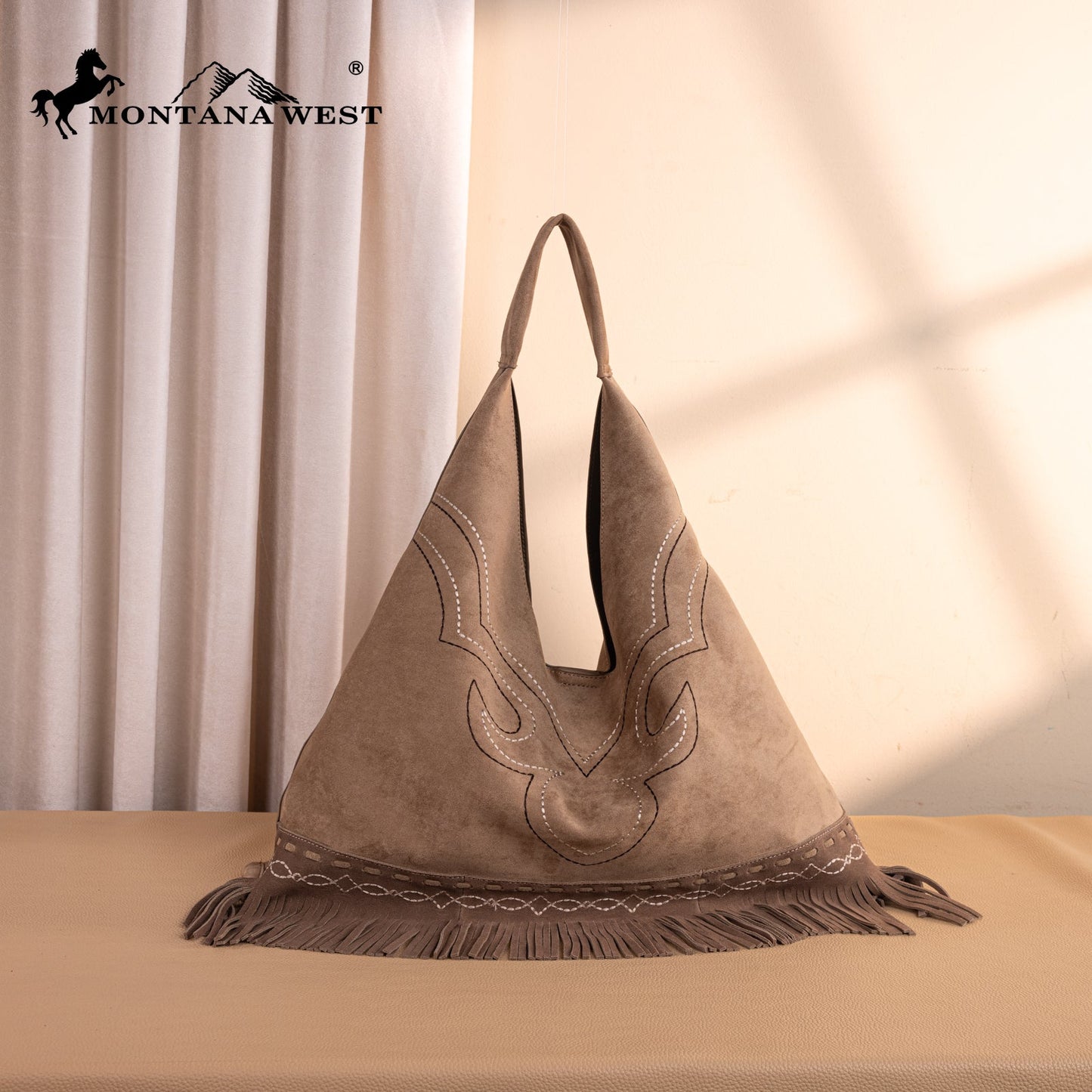 MW1341-9182   Montana West Boot Stitch Fringe Large Hobo Bag