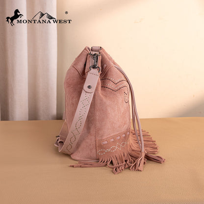 MW1341-8311 Montana West Boot Stitch Fringe Drawstring Crossbody Bag