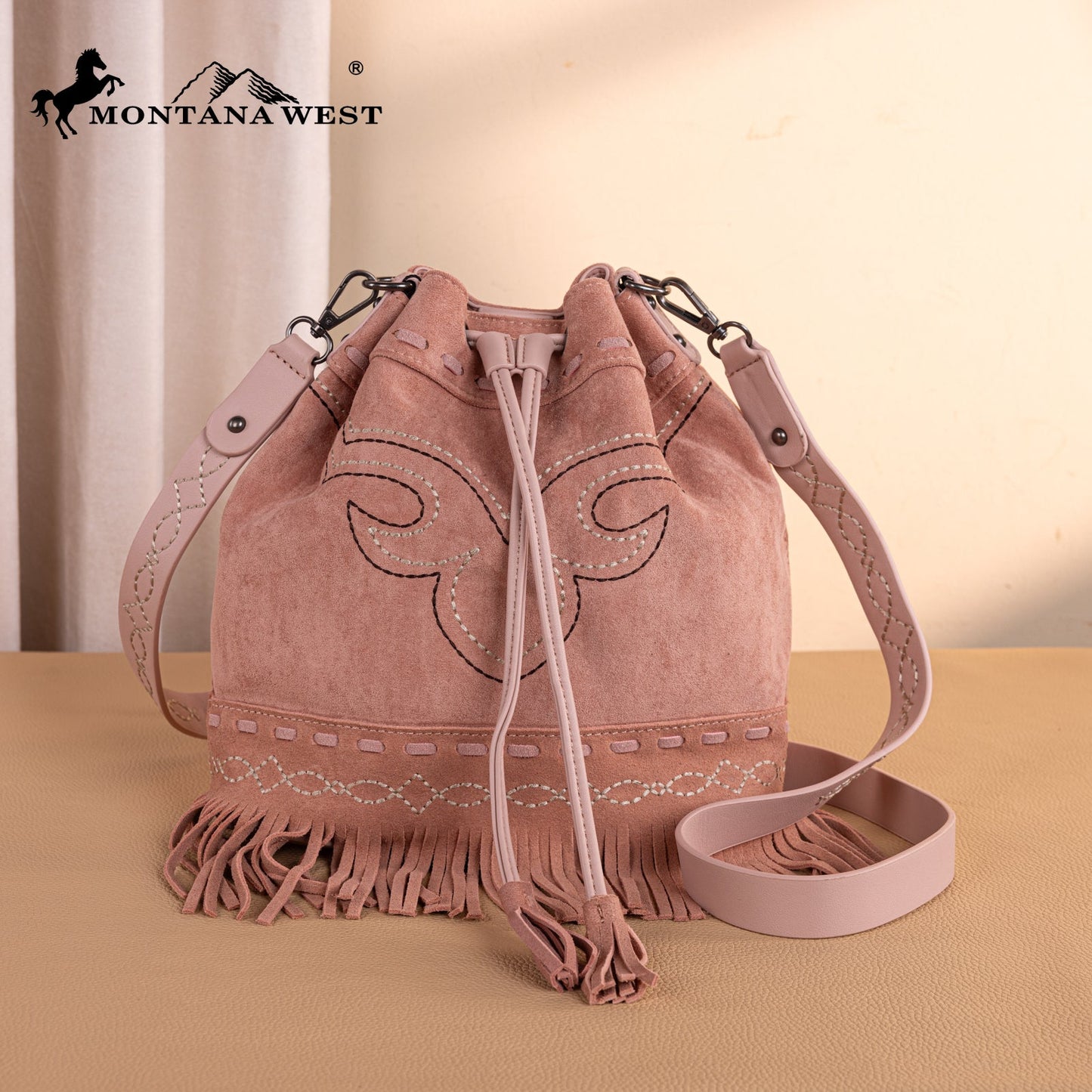 MW1341-8311 Montana West Boot Stitch Fringe Drawstring Crossbody Bag