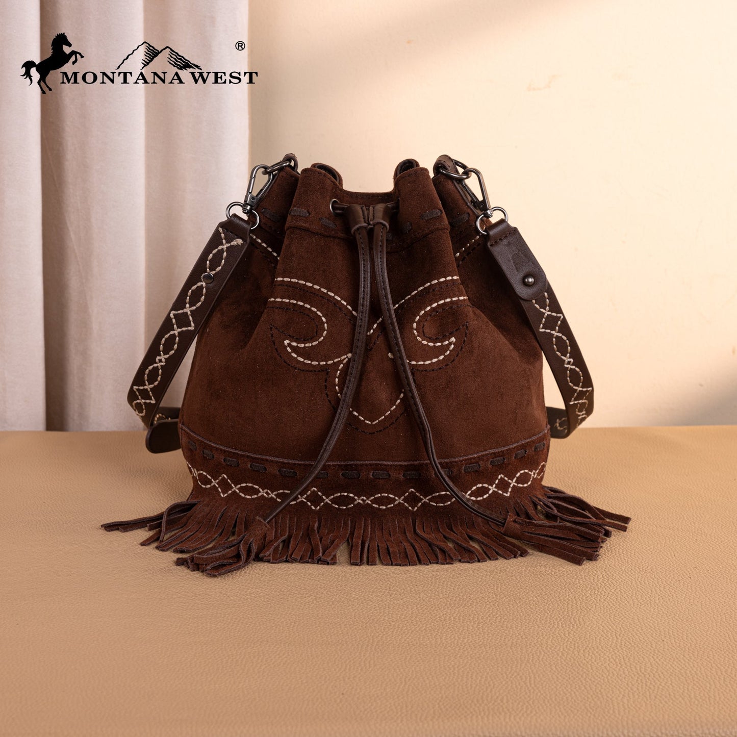 MW1341-8311 Montana West Boot Stitch Fringe Drawstring Crossbody Bag