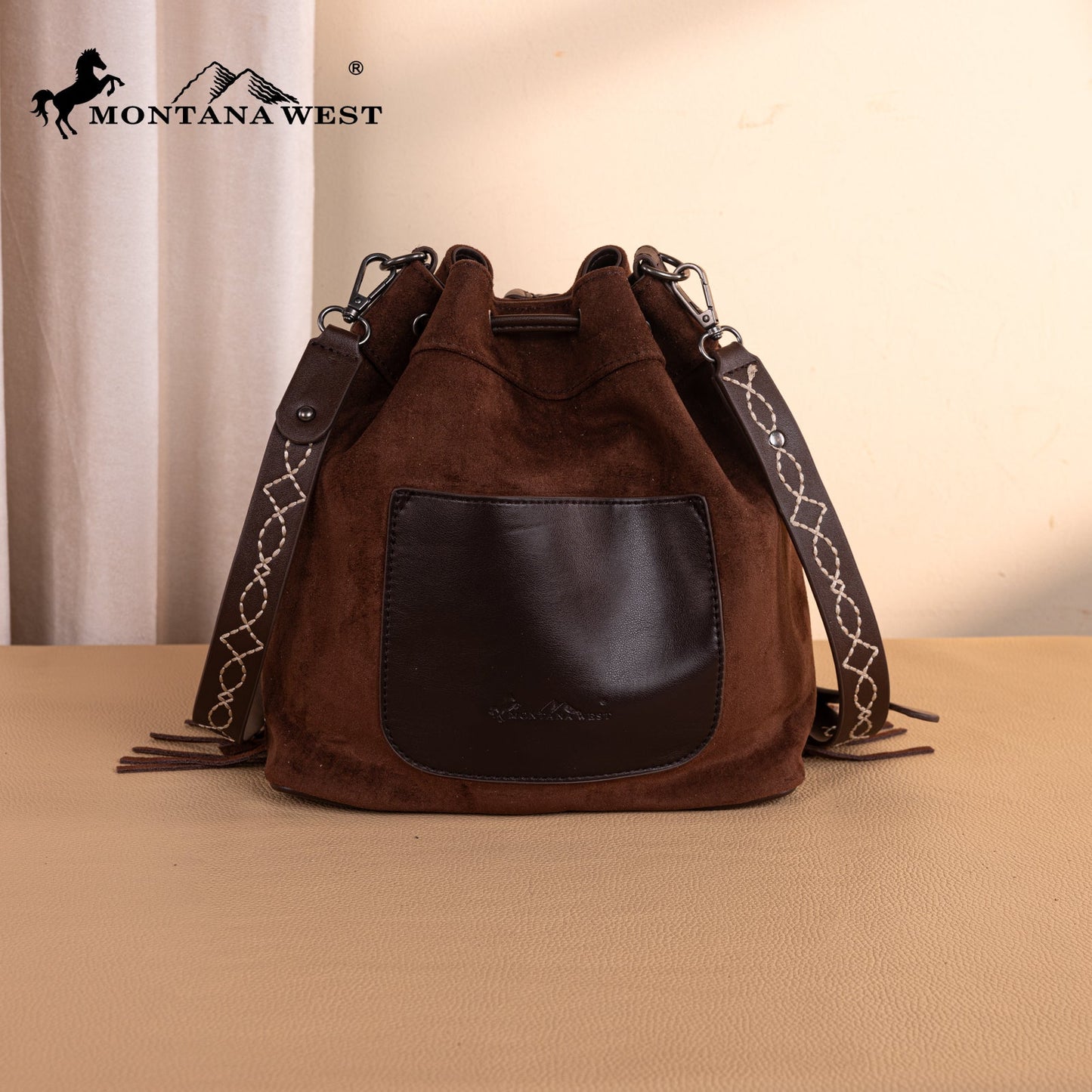 MW1341-8311 Montana West Boot Stitch Fringe Drawstring Crossbody Bag