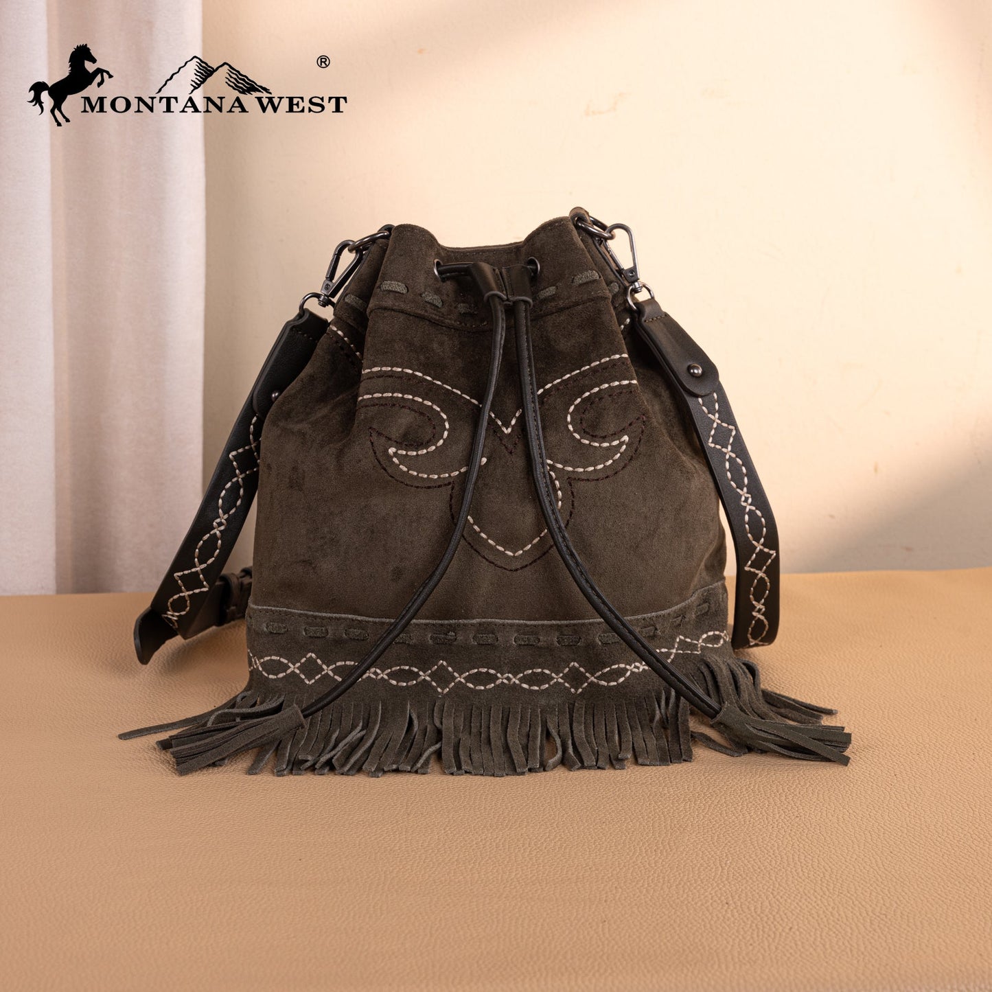 MW1341-8311 Montana West Boot Stitch Fringe Drawstring Crossbody Bag