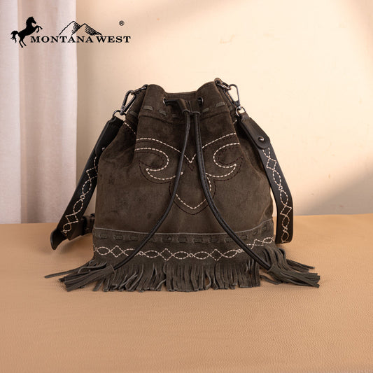 MW1341-8311 Montana West Boot Stitch Fringe Drawstring Crossbody Bag